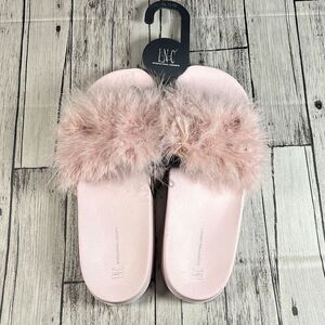 INC International Concept Women's Fur Slippers Slide Open Toe Pink XL 11/12